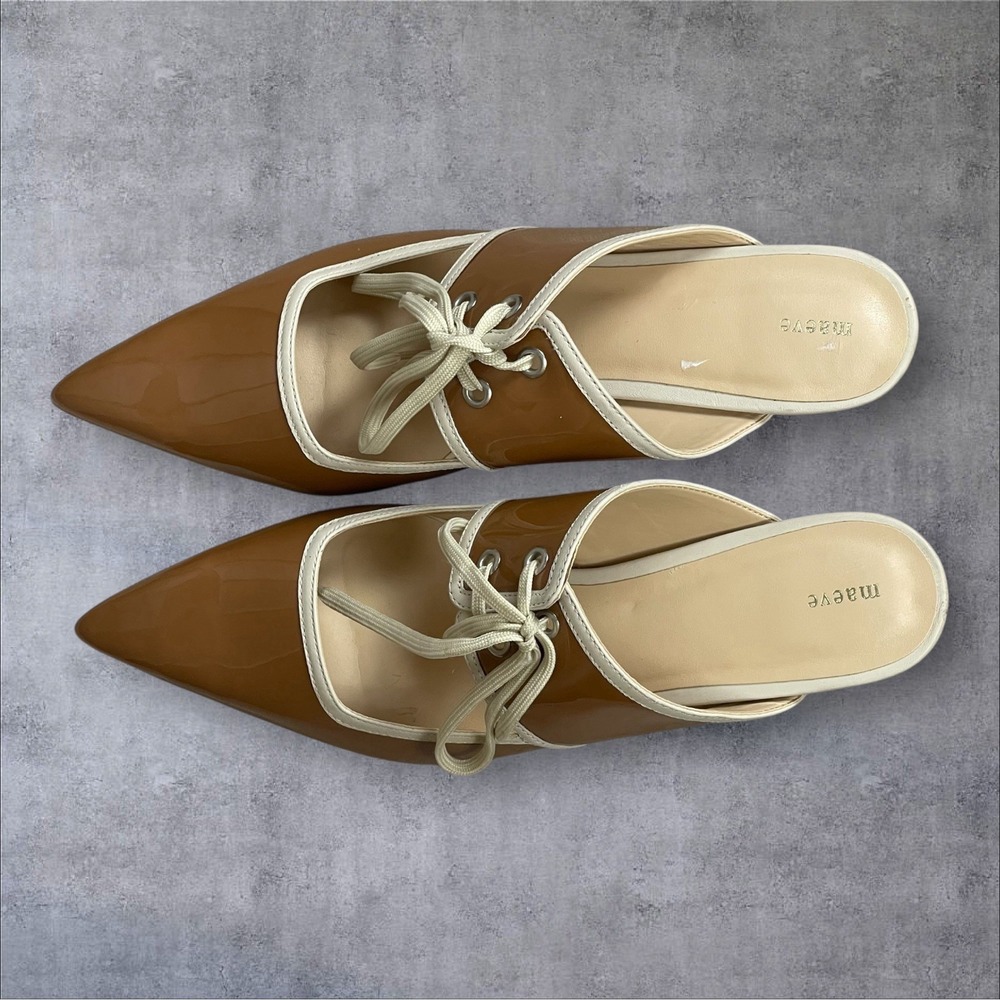 Anthropologie Maeve Contrast Lace Up Kitten Heel Mules Glossy Brown Womens 9 - Picture 6 of 9